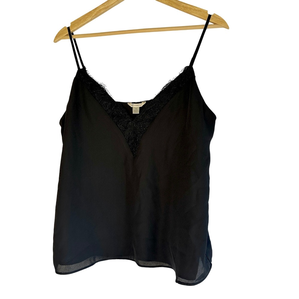 VERSONA Black Lace Trim V Neck Cami Tank Top Women's Medium Adjustable‎ Strap